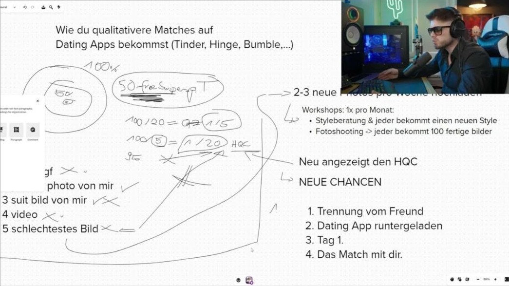 Bessere Matches auf Tinder: Mehr Chancen durch neue Fotos 1 Whiteboard aus dem Video: Quote der Swipes bei Frauen mit hohem Anspruch und neue Chancen durch neue Fotos