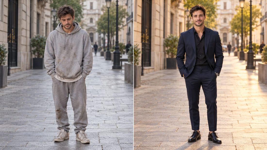 Mentoring Programm 8 Vorher-Nachher: vom ungepflegten Look zum italienischen Anzug im Mentoring